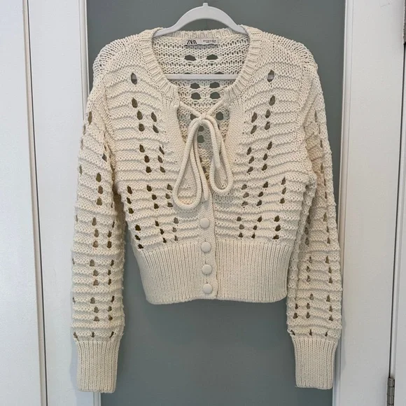 ZARA Cream Open-Knit Tie-Front Cropped Cardigan - Picture 1 of 8